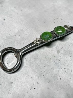 Sky Silver-Tone Bottle Opener Bar Tool with Green Glass Accents